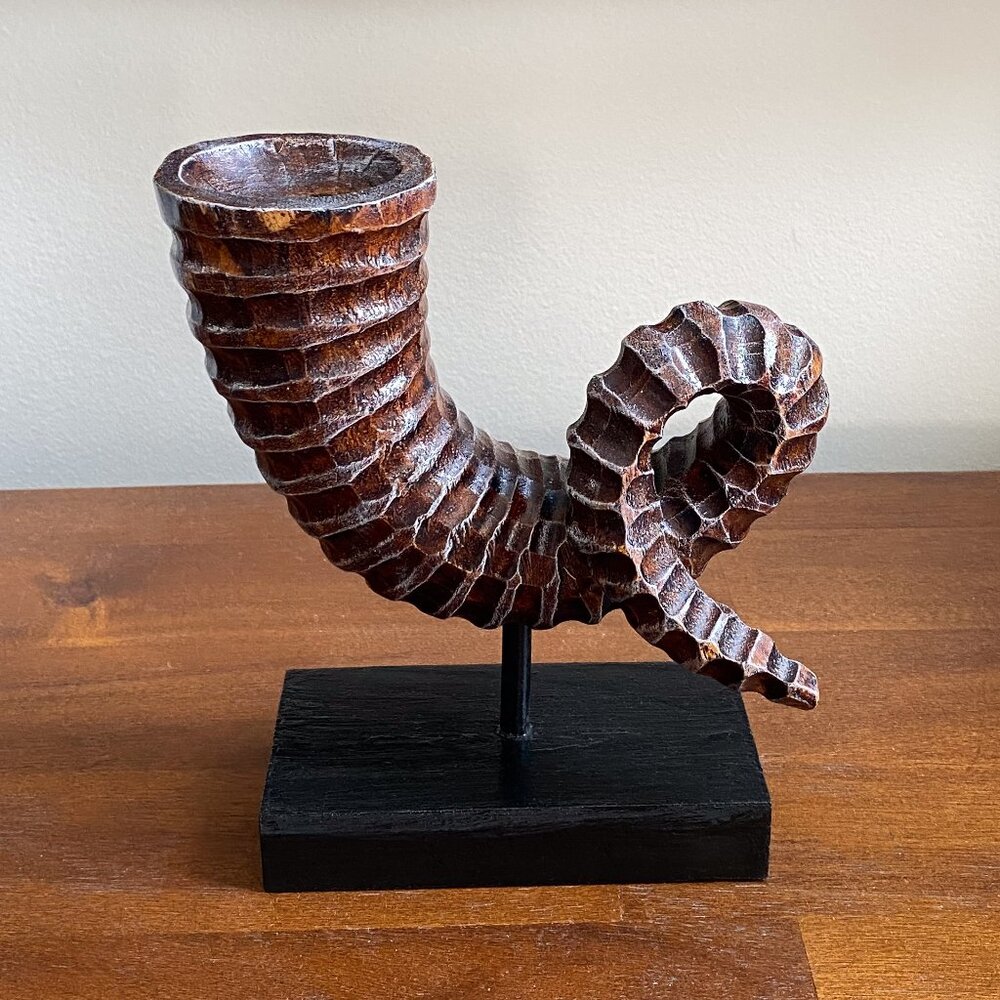 Nordic Spiral Horn Sculpture - Handmade Wooden Skyrim Style Candle Holder